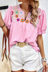 Artisan Floral Embroidery Puff Sleeve Printed V Neck Top
